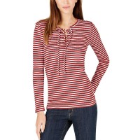 Michael Kors Ribbed Lace-Up Top (Bright Terra Cotta/White, L)