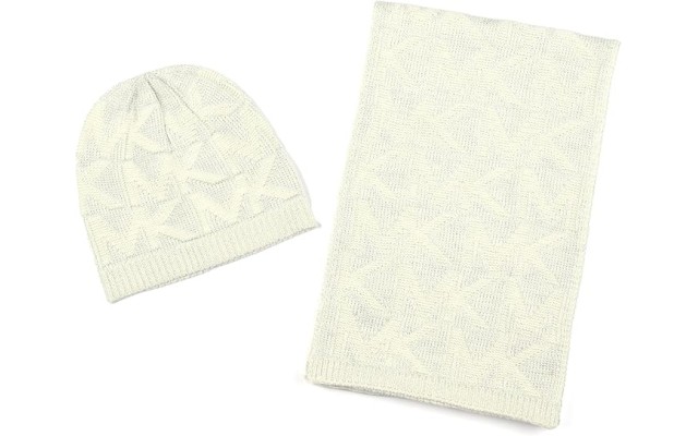  Women’s Debossed Knit Metallic Beanie & Scarf Set – Cream