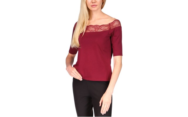  Womens Petite Lace-Trim Off-The-Shoulder Top, Burgundy, PS