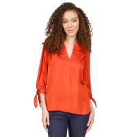 Michael Kors Womens Petite Solid Satin Tie Top, Burnt Terracotta, P/X-Small