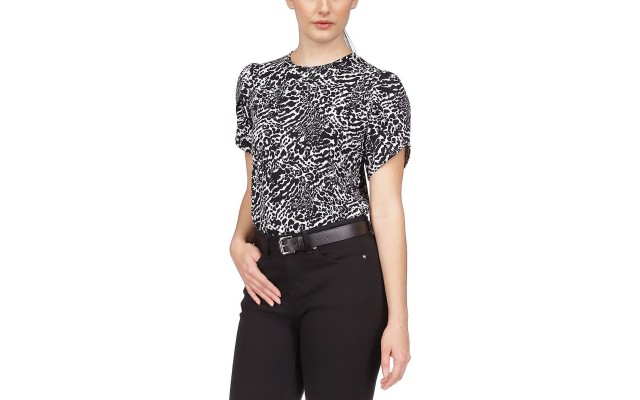  Womens Petites Crewneck Short Sleeve Blouse, Black/White, Large