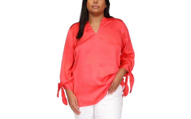  Womens Plus Size Solid Satin Tie Top, Geranium, 0X