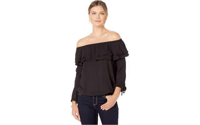  Womens Ruffle Peasant Top, Black, Small