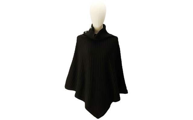  Women’s Wide-Rib Button Turtleneck Poncho – Black