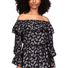 Michael Michael Kors Womens Paisley Print Off-the-Shoulder Top, Black, XXS