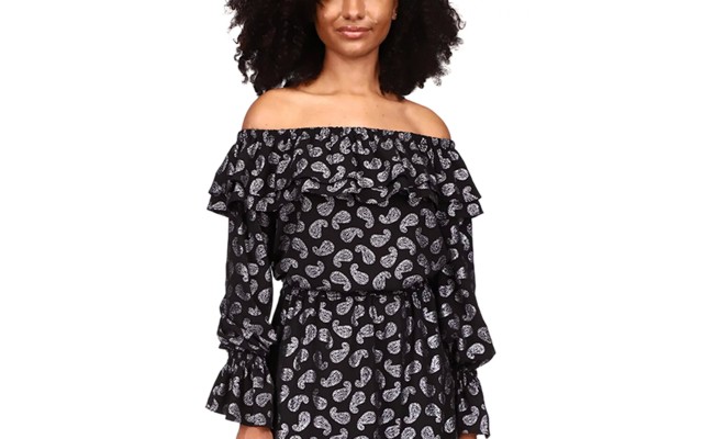  Womens Paisley Print Off-the-Shoulder Top, Black, XXS