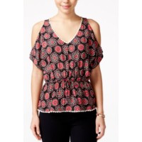 Miss Chievous Juniors’ Printed Cold-Shoulder Blouse Shirt Tops, Black Peach Glow Medallion, Large