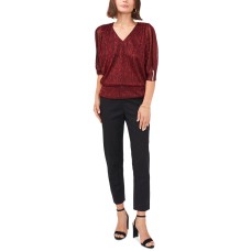 Msk Womens Split-Sleeve Metallic Blouson Top, Black/Red, Large