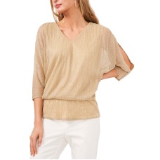 Msk Womens Split-Sleeve Metallic Blouson Top, White/Gold, XL