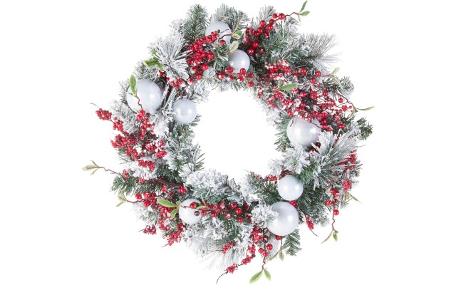  24″ Christmas Wreath with Red and White Ornaments