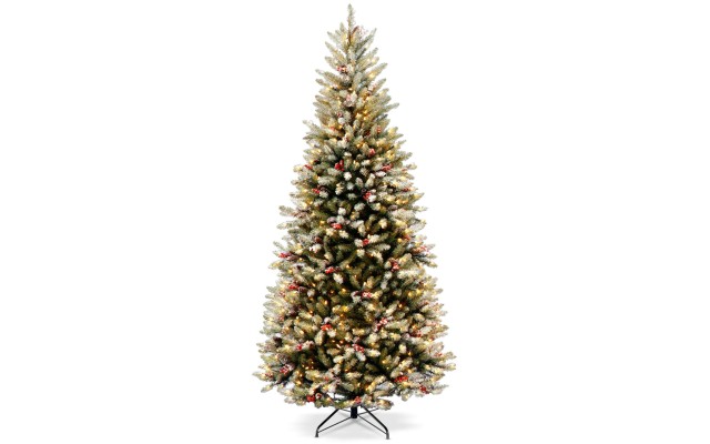  Company 7.5′ Dunhill Fir Slim Hinged Tree with Snow, Red Berries, Cones & 600 Clear Lights