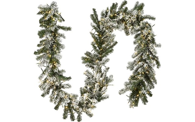  Pre-Lit Artificial Christmas Garland, Green, Snowy Green, White Lights, Decorated With Frosted Branches, Plug In, Christmas Collection, 9 Feet