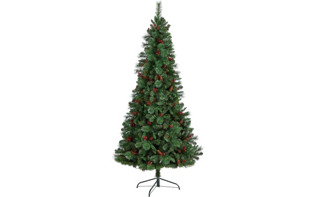  7ft. Flat Back Montreal Mountain Pine Artificial Christmas Tree with Pinecones, Berries and 210 Warm White LED Lights and 527 Bendable Branches, Green