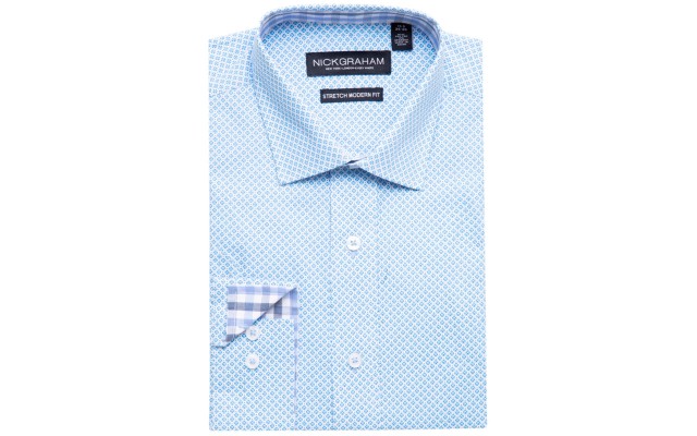  Men’s Modern-Fit Stretch Floral Medallion Print Dress Shirt, Aqua, 16/16.5″ Neck 32/33 Sleeve