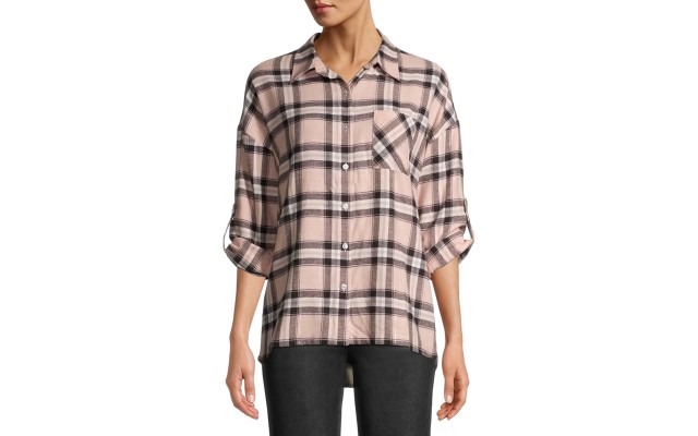  Juniors’ Sherpa Lined Flannel Top, Pink, Medium