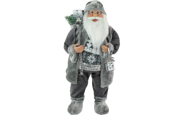  Alpine Chic Standing Santa Claus in Gray/White with A Bag and Lantern Christmas Figure, 24″