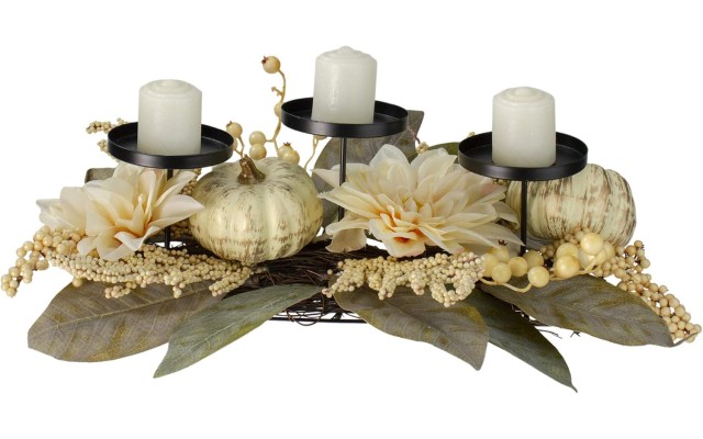  Dahlia and Pumpkin Fall Harvest Candle Holder Centerpiece – 21″