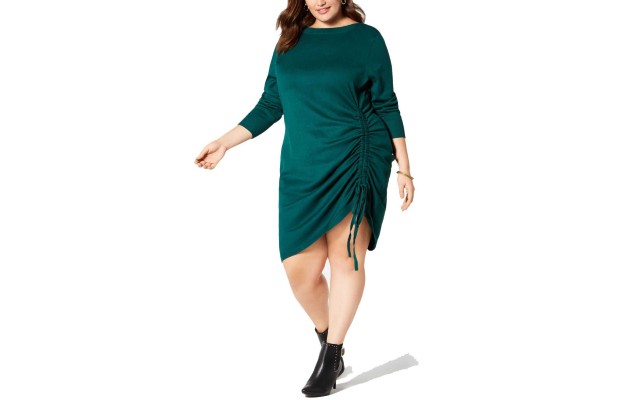  Sleeve Ruched Sweater Dress (Dark Green, 3X Plus)