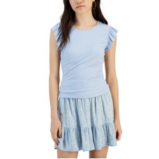 Planet Gold Juniors’ Ribbed Flutter-Sleeve Top, Blue, Medium