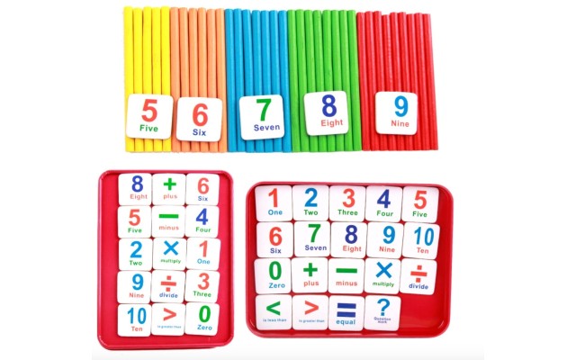 Preschool Math Set Toy With Colorful Counting Sticks, Number Squares and Metal Box – Wooden Montessori Math Game Set for Cognitive Development of Children, Toddlers and Pre-K