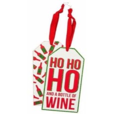 Primitives By Kathy Red/White Ho Ho Ho And A Bottle Of Wine Holiday Bottle Tag, 3” x 6”