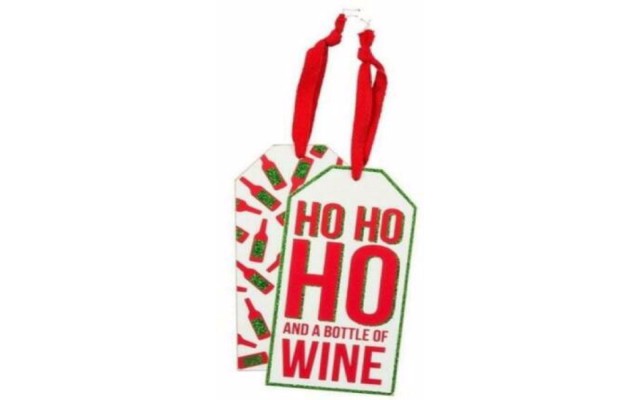  Red/White Ho Ho Ho And A Bottle Of Wine Holiday Bottle Tag, 3” x 6”