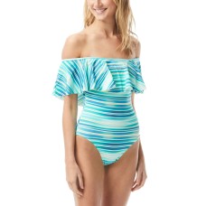 Printed Ruffled Off-The-Shoulder One-Piece Swimsuit, Azure, 8
