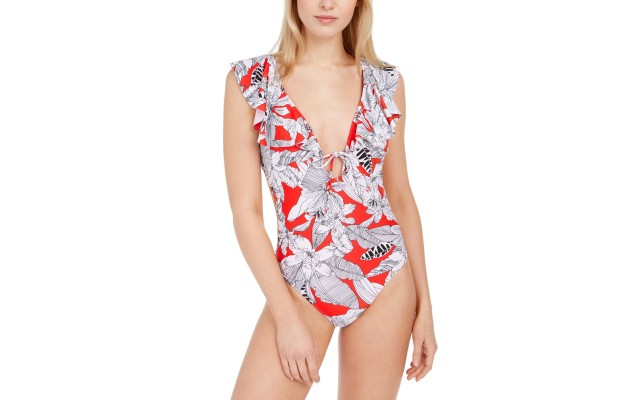 Rachel Rachel Roy Island Getaway Tie-Front Ruffle One-Piece Swimsuit, Red, Small