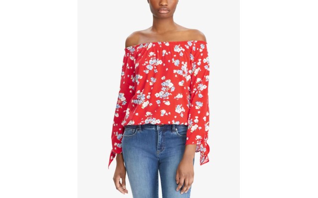  Floral Jersey Off-the-Shoulder Top (Red, S)