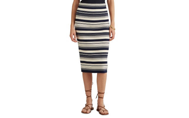  Womens Navy Stretch Textured Striped Midi Wear To Work Pencil Skirt, Small