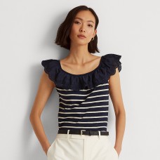 Ralph Lauren Women’s Striped Eyelet Ruffle Top, Navy/Cream, Medium