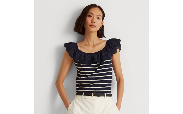  Women’s Striped Eyelet Ruffle Top, Navy/Cream, Medium