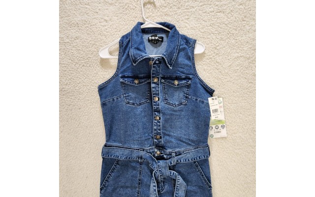  Womens Sleeveless Utility Style Button Front  Denim Jumpsuit, Blue, Medium