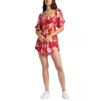 Roxy Juniors’ Barefoot Babe Smocked-Top Puff-Sleeve Romper, Hilo Hibiscus, X-Large