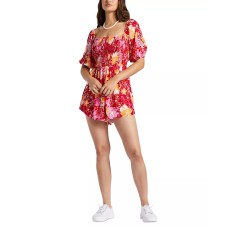 Roxy Juniors’ Barefoot Babe Smocked-Top Puff-Sleeve Romper, Hilo Hibiscus, X-Large