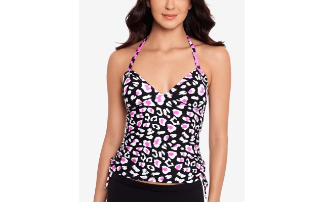  Shirred-Side Halter Tankini Top, Black/Pink, Small