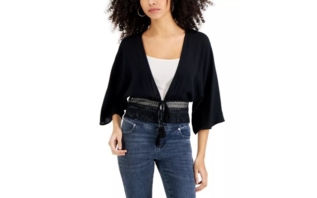  Juniors’ Crochet-Hem Tie-Front Kimono Top, Black, XL