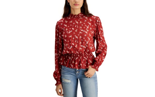  Juniors’ Smocked Peplum Top, Red, Medium