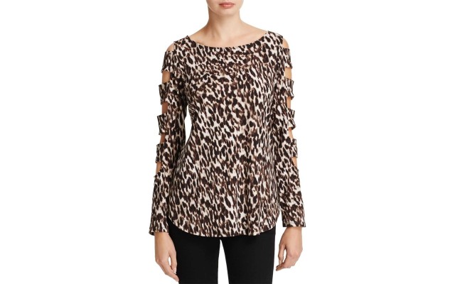  Women's Leopard Animal Print Cut-Out Pullover Blouse Shirt Tops, Black/Taupe, Medium
