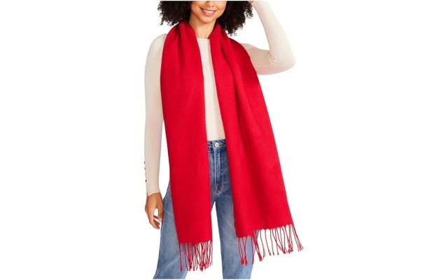  Cozy Blanket Scarf with Fringe Detail – Red