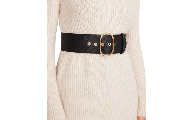  Diamond Quilted Stretch Faux-Leather Belt – Black/Gold, Large/X-Large