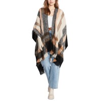 Steve Madden Women’s Brushed-Border Plaid Cape Sweater – Black