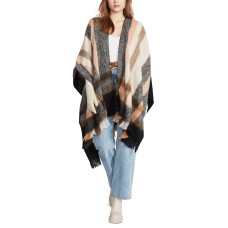 Steve Madden Women’s Brushed-Border Plaid Cape Sweater – Black