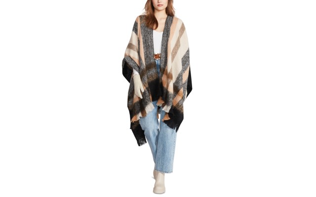 Women’s Brushed-Border Plaid Cape Sweater – Black