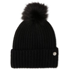 Steve Madden Women’s Cloud Knit Faux-Fur Pom Pom Beanie, Black