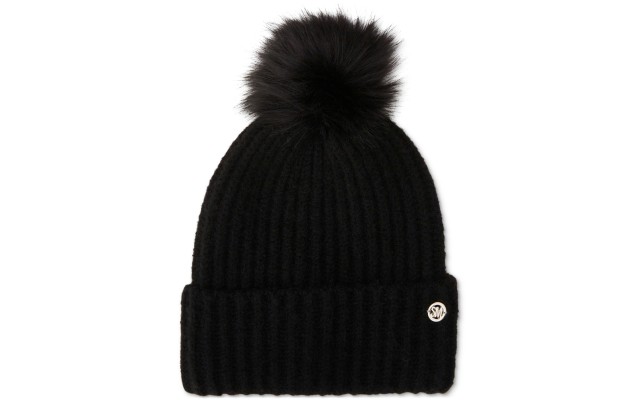  Women’s Cloud Knit Faux-Fur Pom Pom Beanie, Black