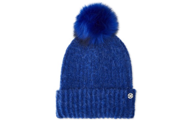  Women’s Cloud Knit Faux-Fur Pom Pom Beanie – Cobalt