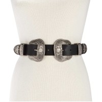 Steve Madden Women’s Double-Buckle Western Belt, Black, Large