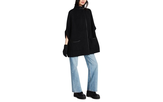  Women’s Faux-Leather-Trim Riding Cape – Black