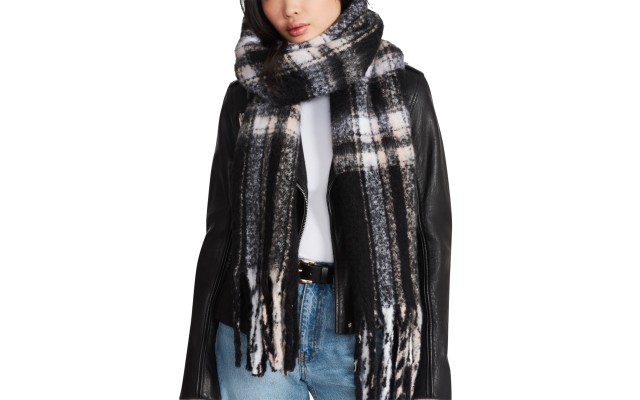  Women’s Plaid Fringe-Trim Scarf -Black